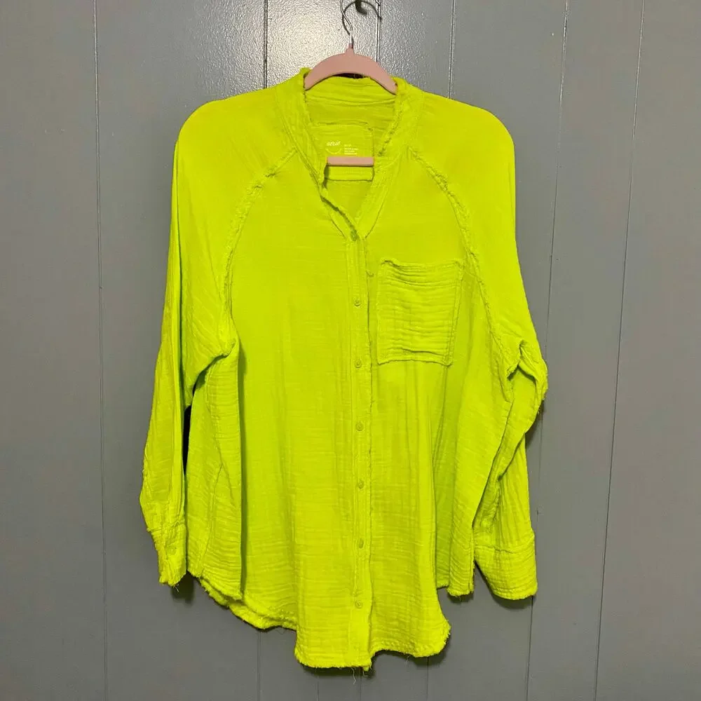 Aerie Neon Green Pool to Party Gauze Button-down Cover-up Boho Beach Shirt XS - Picture 1 of 9